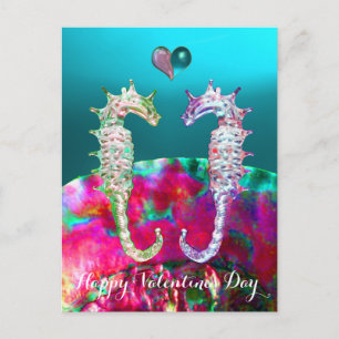 SEAHORSES IN LOVE,BLUE PINK NACRE,Valentine's Day Holiday Postcard