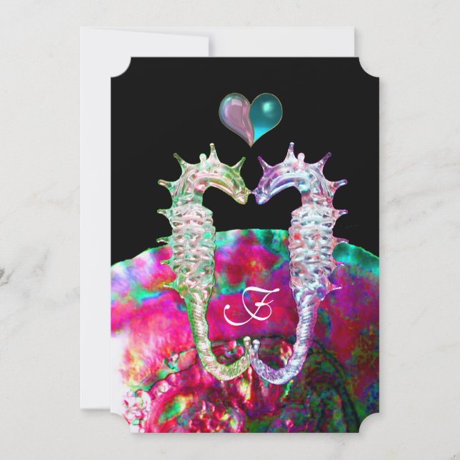 SEAHORSES IN LOVE DAMASK  BEACH WEDDING MONOGRAM INVITATION (Front)