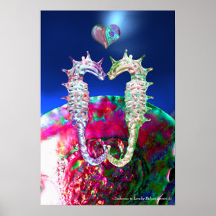SEAHORSES IN LOVE , PINK BLUE MOTHER OF PEARL POSTER