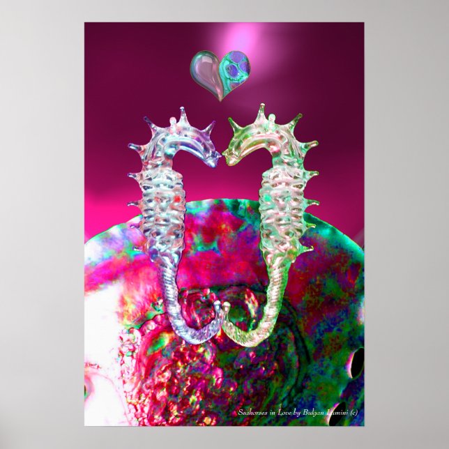 SEAHORSES IN LOVE PINK FUCHSIA MOTHER OF PEARL POSTER (Front)