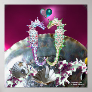 SEAHORSES IN LOVE , PINK TEAL BLUE MOTHER OF PEARL POSTER