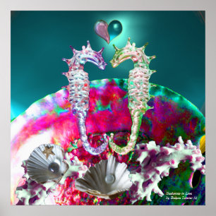 SEAHORSES IN LOVE , PINK TEAL BLUE MOTHER OF PEARL POSTER