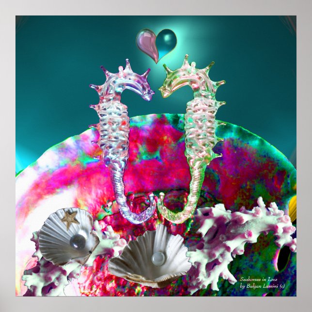 SEAHORSES IN LOVE , PINK TEAL BLUE MOTHER OF PEARL POSTER (Front)