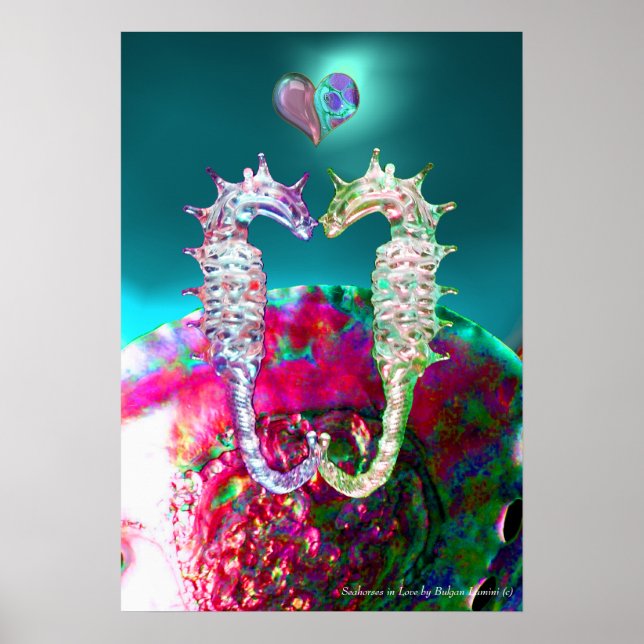 SEAHORSES IN LOVE , PINK TEAL BLUE MOTHER OF PEARL POSTER (Front)