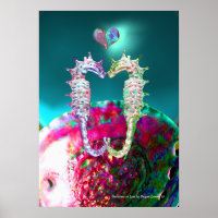 SEAHORSES IN LOVE , PINK TEAL BLUE MOTHER OF PEARL