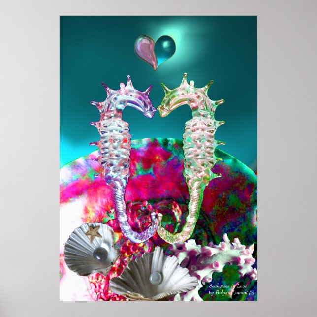SEAHORSES IN LOVE , PINK TEAL BLUE MOTHER OF PEARL POSTER (Front)