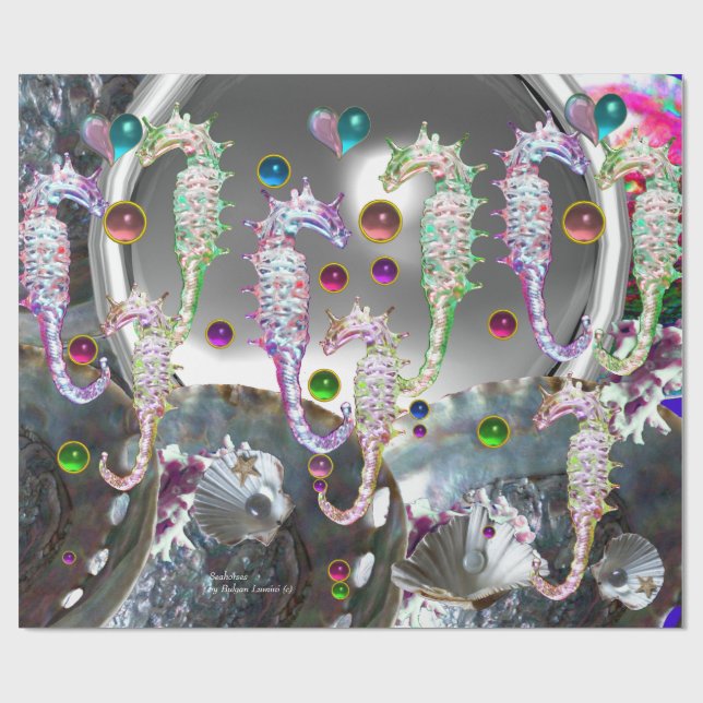 SEAHORSES IN LOVE , PINK TEAL BLUE MOTHER OF PEARL WRAPPING PAPER (Flat)