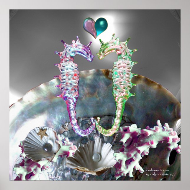 SEAHORSES IN LOVE , PINK WHITE MOTHER OF PEARL POSTER (Front)