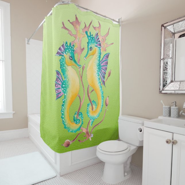 seahorses lime stained glass shower curtain (In Situ)