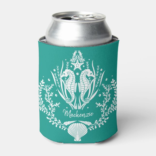 Seahorses Ocean Teal Personalised Can Cooler (Can Front)