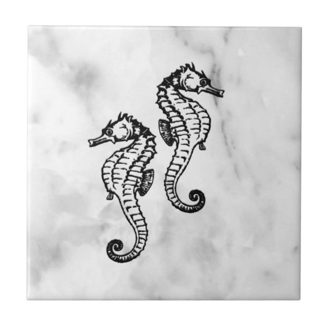 Seahorses on White Marble Tile (Front)