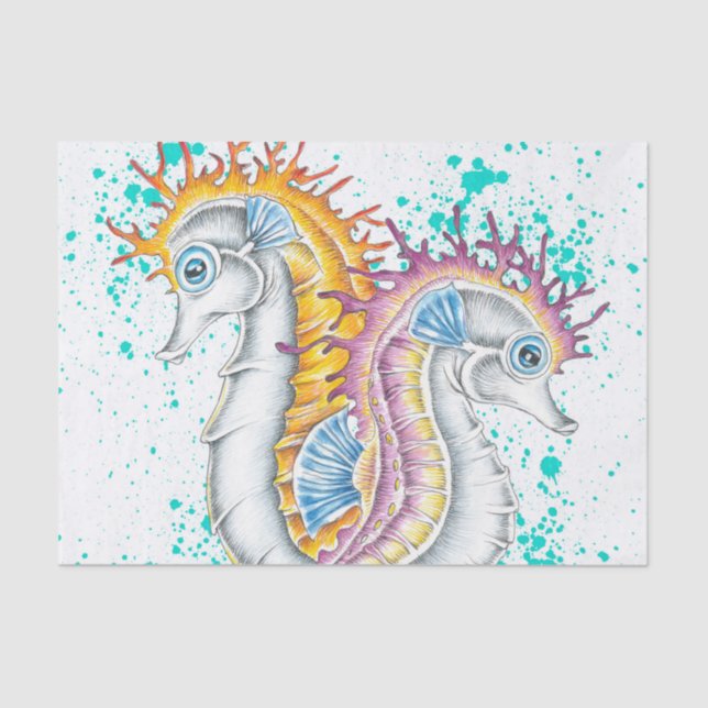 Seahorses Orange Magenta Splash Ink Tissue Paper (Front)