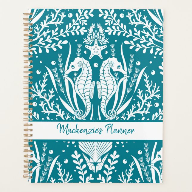 Seahorses Personalised Teal Blue White Damask Planner (Front)