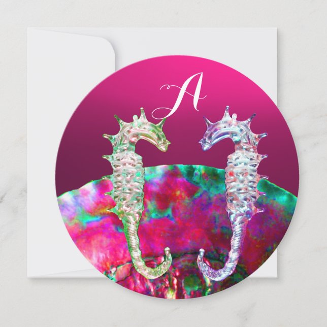 SEAHORSES,PINK NACRE BEACH WEDDING MONOGRAM INVITATION (Front)