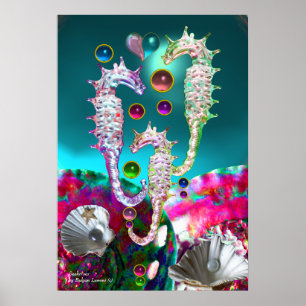 SEAHORSES , PINK TEAL BLUE MOTHER OF PEARL POSTER