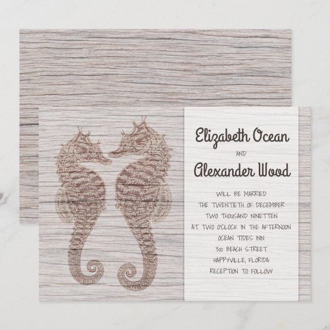 Seahorses Rustic Driftwood Wedding Invitation (Front/Back)
