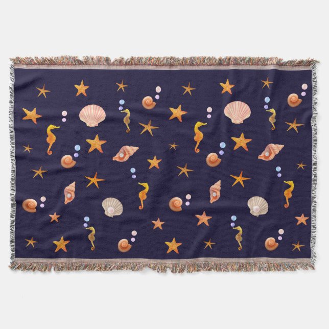 Seahorses, sea stars & shells on navy blue throw blanket (Front)