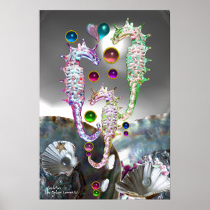 SEAHORSES SHELLS,MOTHER OF PEARL AND COLORFUL GEMS POSTER