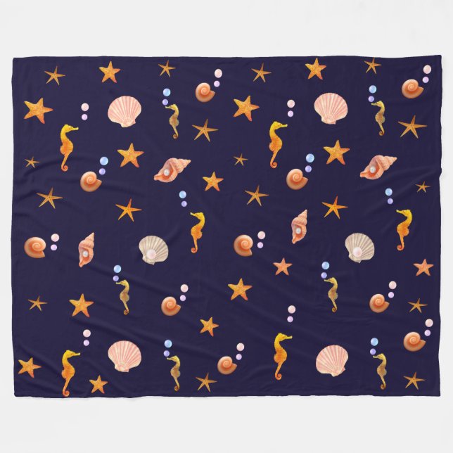 Seahorses, shells & sea stars on  navy blue fleece blanket (Front (Horizontal))