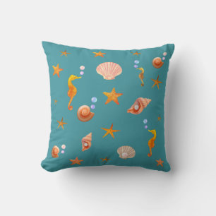 Seahorses, shells & sea stars on teal turquoise cushion