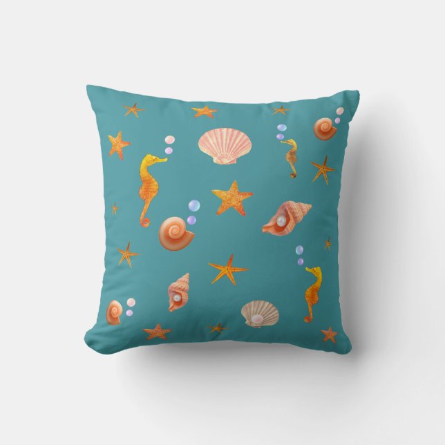 Seahorses, shells & sea stars on teal turquoise cushion (Front)