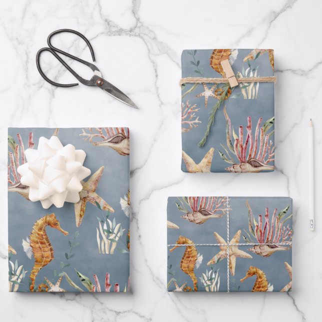 Seahorses Starfish Under The Deep Blue Sea Wrapping Paper Sheet (Front)