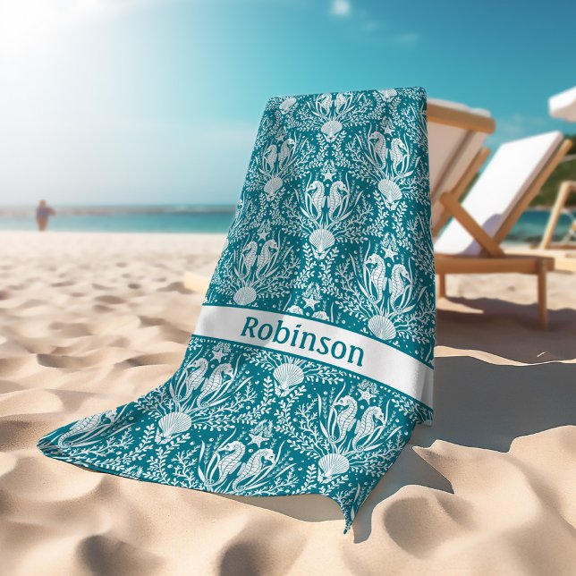 Seahorses Teal Blue White Damask Personalised Beach Towel (Creator Uploaded)