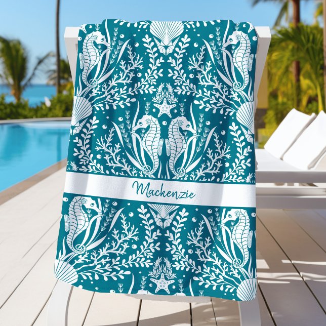 Seahorses Teal Blue White Personalised  Beach Towel (Creator Uploaded)