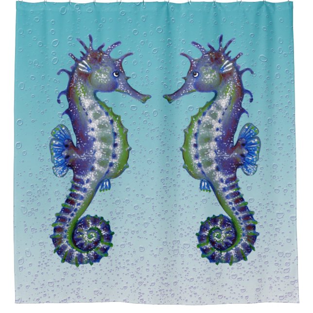 Seahorses Teal Bubbles Shower Curtain (Front)