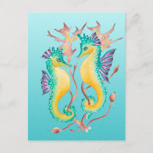 seahorses teal stainglass postcard