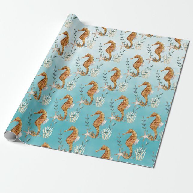 Seahorses Under The Caribbean Turquoise Blue Sea  Wrapping Paper (Unrolled)