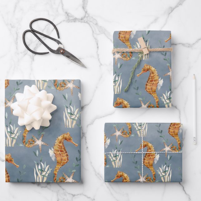 Seahorses Under The Deep Blue Sea Wrapping Paper Sheet (Front)