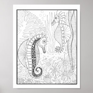 Seahorses Underwater Scene Colouring Page Art Poster