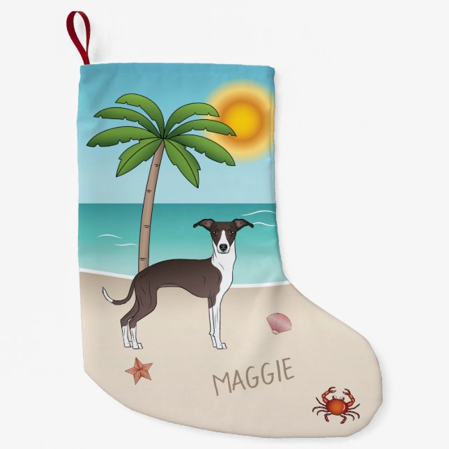 Seal And White Iggy Dog At Tropical Summer Beach Small Christmas Stocking (Front)