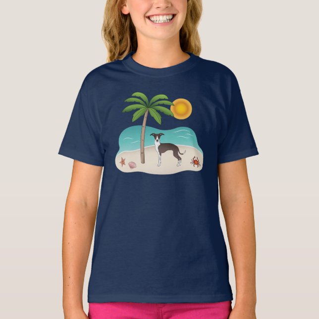 Seal And White Iggy Dog At Tropical Summer Beach T-Shirt (Front)