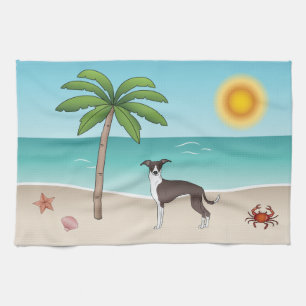 Seal And White Iggy Dog At Tropical Summer Beach Tea Towel