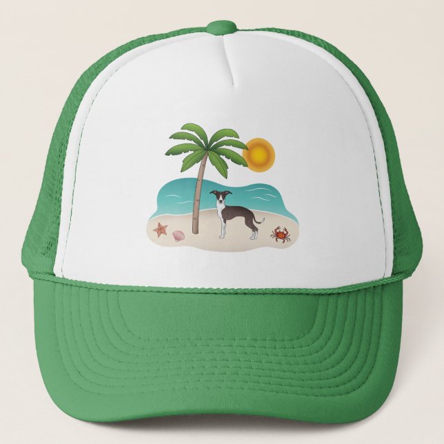 Seal And White Iggy Dog At Tropical Summer Beach Trucker Hat (Front)