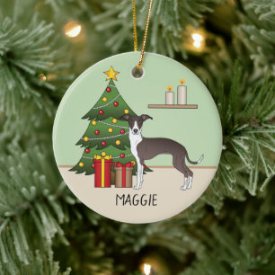 Seal And White Italian Greyhound & Christmas Tree Ceramic Tree Decoration