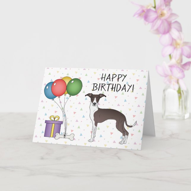 Seal And White Italian Greyhound - Happy Birthday Card (Orchid)