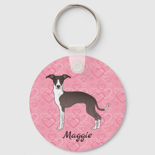 Seal And White Italian Greyhound On Pink Hearts Key Ring