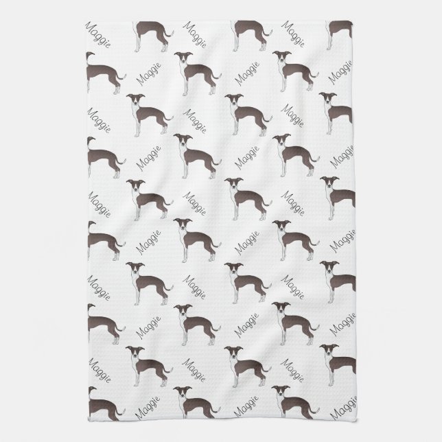 Seal And White Italian Greyhound Pattern And Name Tea Towel (Vertical)