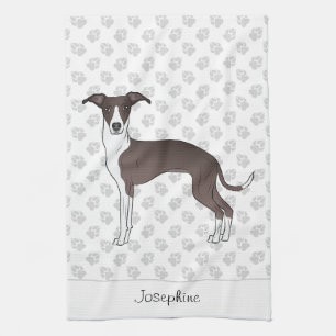 Seal And White Italian Greyhound With Custom Name Tea Towel