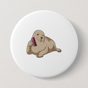 Seal as Hairdresser with Comb 7.5 Cm Round Badge