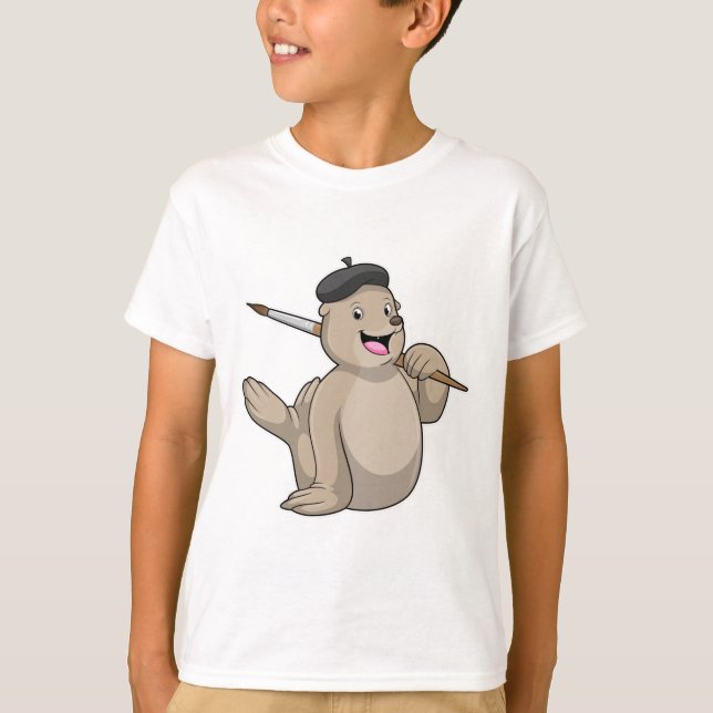 Seal as Painter with Paint brush T-Shirt (Front)