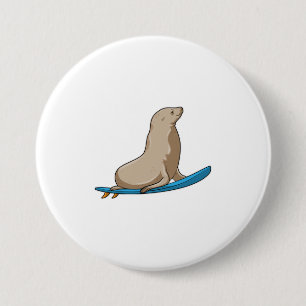 Seal as Surfer with Surfboard 7.5 Cm Round Badge