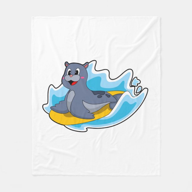Seal as Surfer with Surfboard Fleece Blanket (Front)