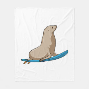 Seal as Surfer with Surfboard Fleece Blanket