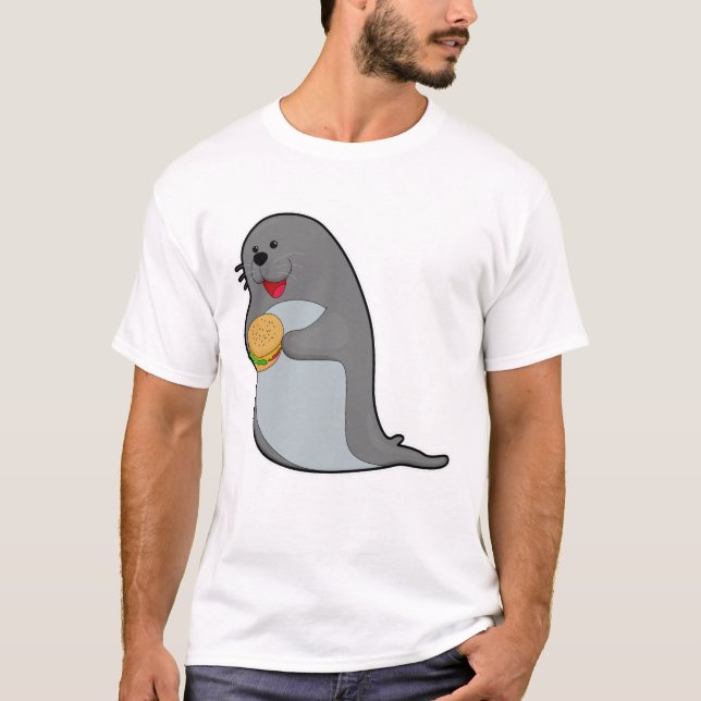 Seal at Eating with Burger T-Shirt (Front)