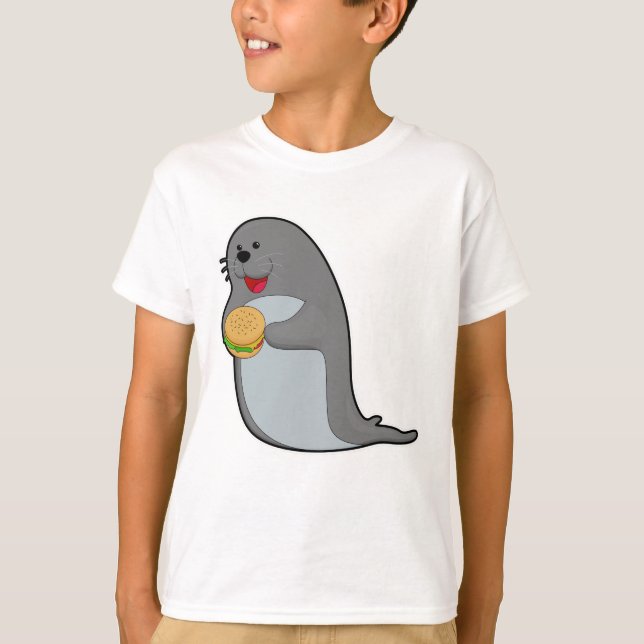Seal at Eating with Burger T-Shirt (Front)