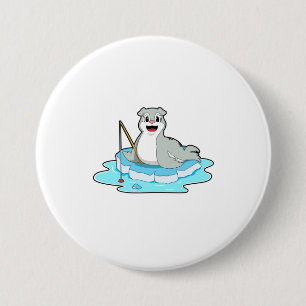 Seal at Fishing with Fishing rod 7.5 Cm Round Badge